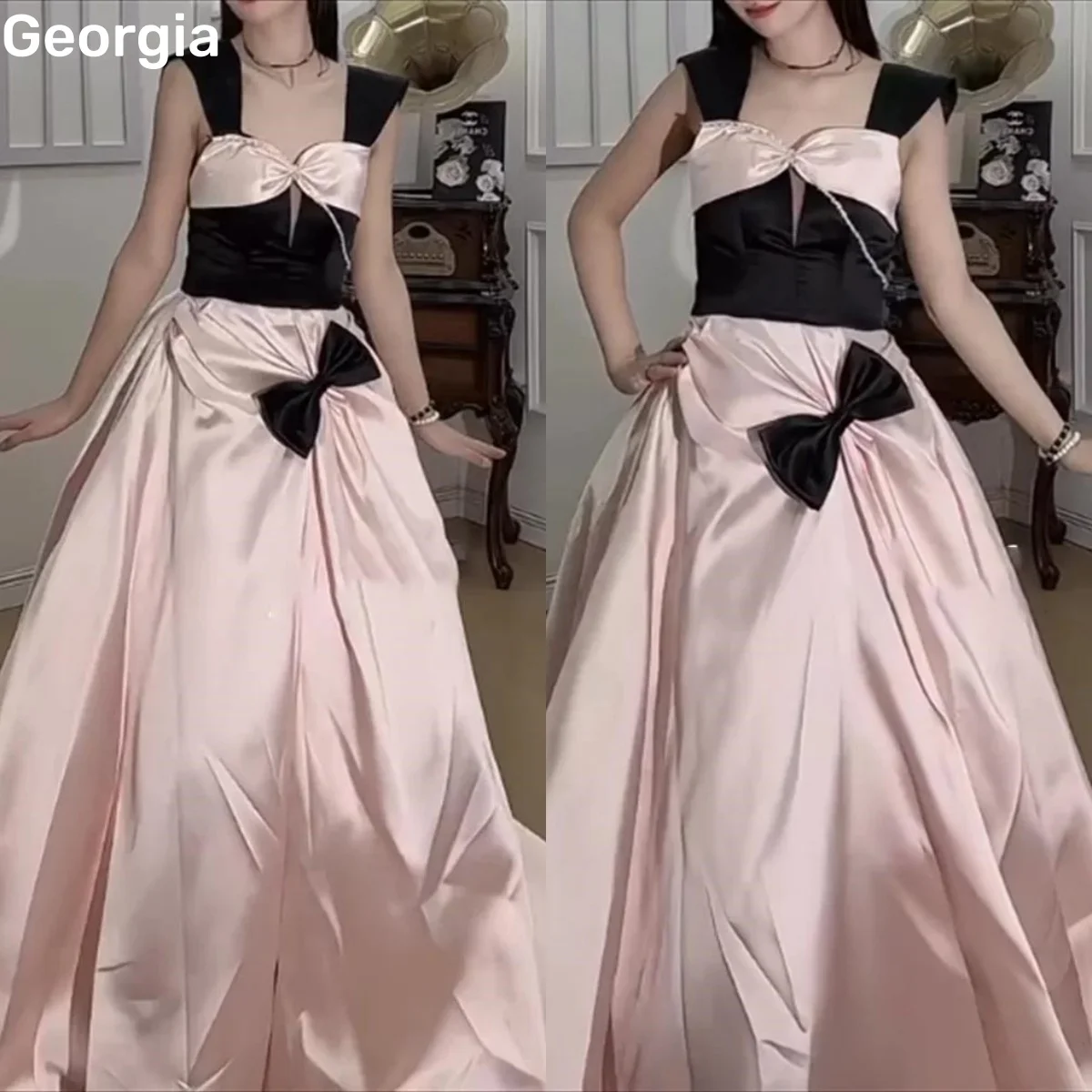 

Pink Customize فساتين سهرة A-Line Square Neckline Floor-Length Zipper Dress Women Elegant Luxury Satin Sleeveless Elegant Dresse