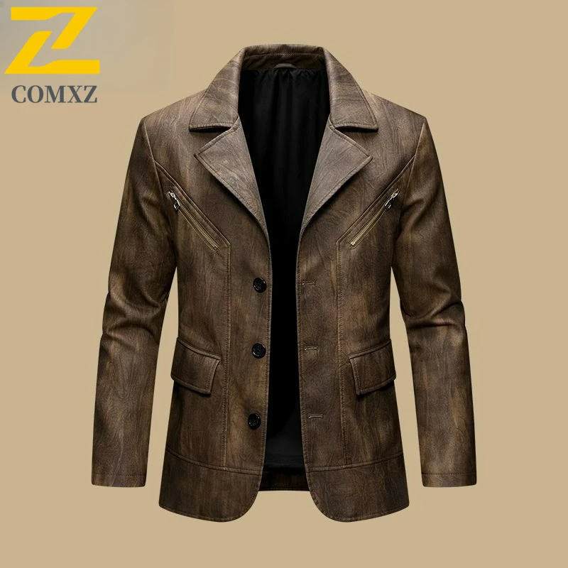 

COMXZ Mens Leather Jacket Fashion Turndown Collar Outdoor Camping Windproof Coat Casual Daily Style Spring Autumn Clothing