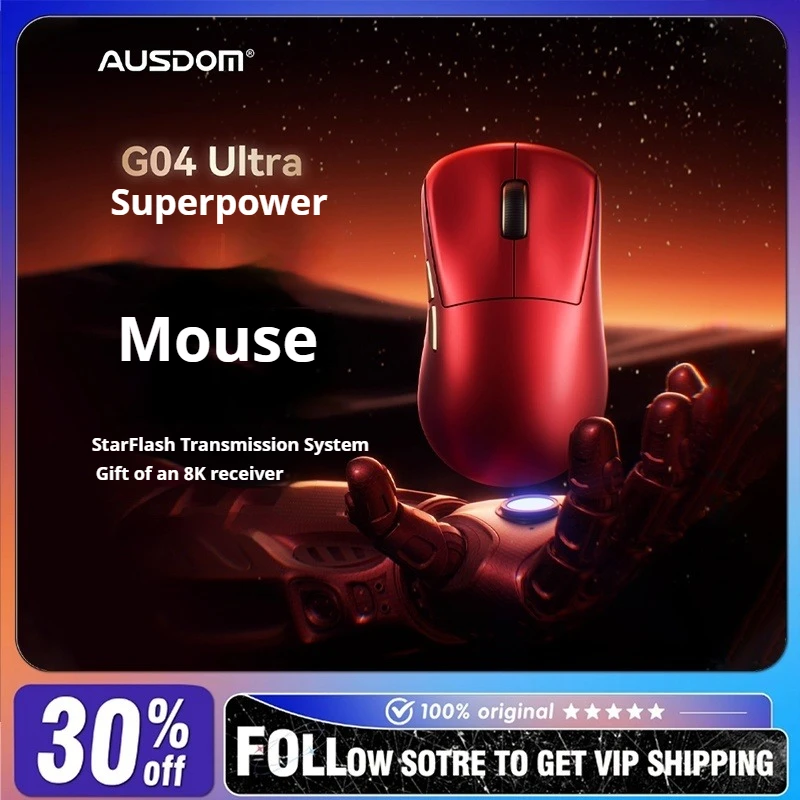 

Мышь AUSDOM G04 Беспроводная трехрежимная PAW3395/3950 1K/8K Скорость заката Эргономичная легкая 56 г FPS NearLink 8k Спортивная игровая мышь