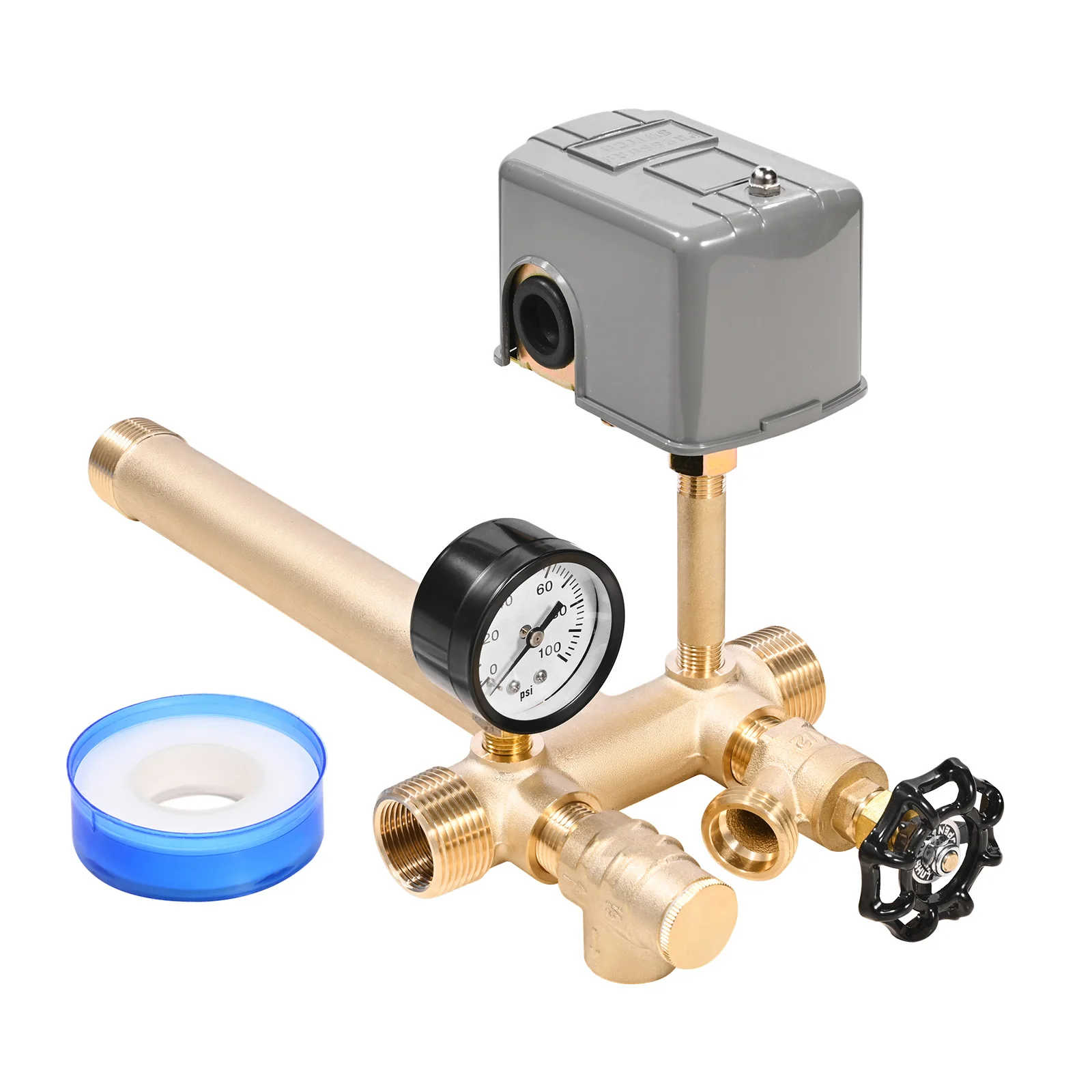 

SucceBuy 1"x11" Well Pressure Tank Tee Kit with 40/60PSI Switch 7-Piece Pure Brass Pressure Tank Installation Kit for Water Well