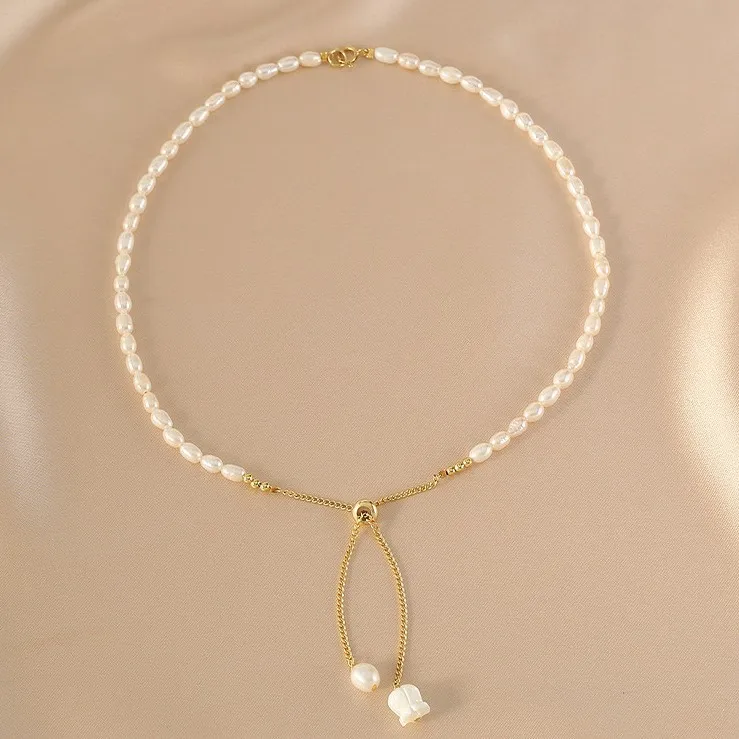 Sweet Lily Of The Valley Flower Natural Freshwater Pearl 14K Gold Filled Female Necklace Jewelry Women Short Chain No Fade 2027