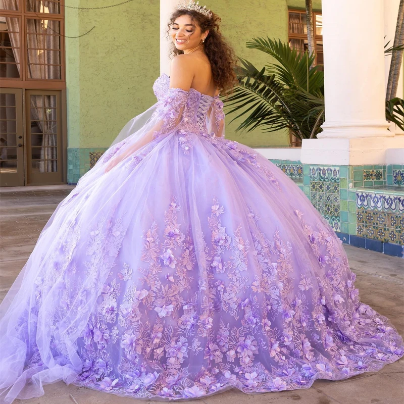 

Lorencia Lavender Princess Ball Gown Quinceanera Dress 3D Flower Appliques Beading Tull Sweet 16 Gown Vestidos De 15 Anos YQD343