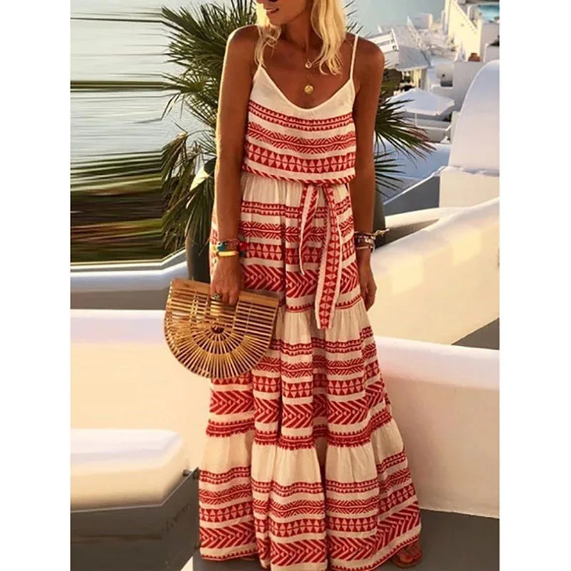 New Fashion Stripe Lace Up Large Women\'s Bohemian Style V-neck Printed Beach Strap Dress Refreshing and Casual plus size dresses