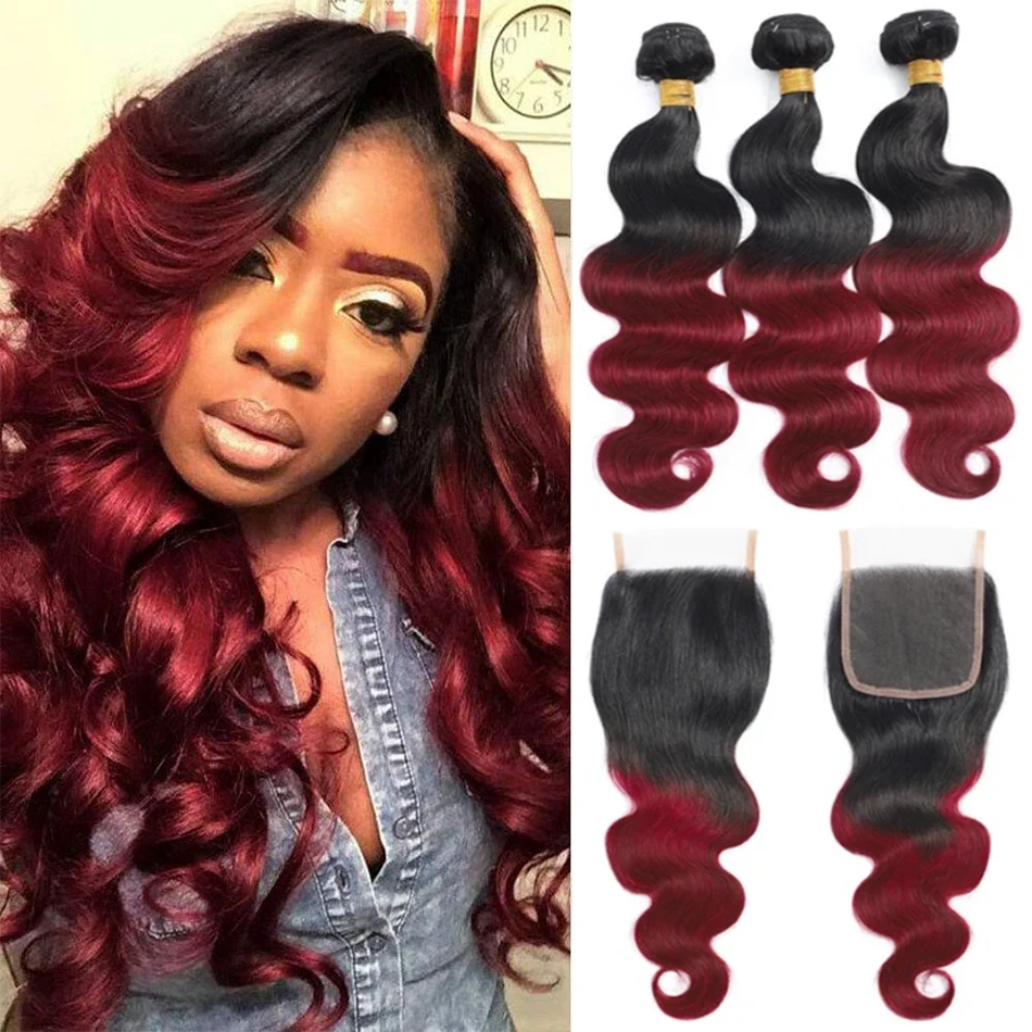 12A Ombre Body Wave Bundles With Closure 1B/99J Brazilian Human Hair Bundles With Closure Two Tone Wine Red Bundles with Closure