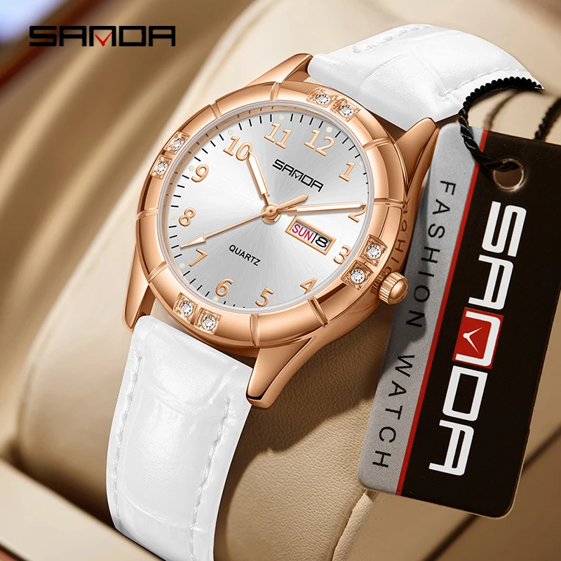 

Новые женские кварцевые часы SANDA2026 в корейском винтажном стиле с двойным календарем, водонепроницаемость 5 АТМ, светящийся циферблат, корпус с бриллиантами, тонкие, 10 мм