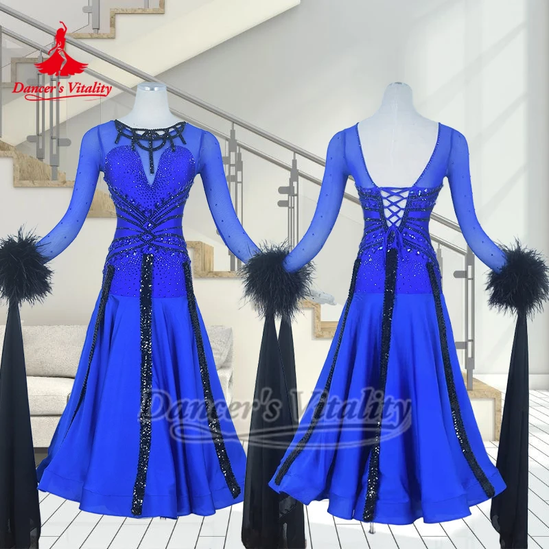 

Роскошное платье для бальных танцев с длинными рукавами для взрослых и детей, наряд для выступлений из камня AB, платье для конкурса вальса и румбы на заказ