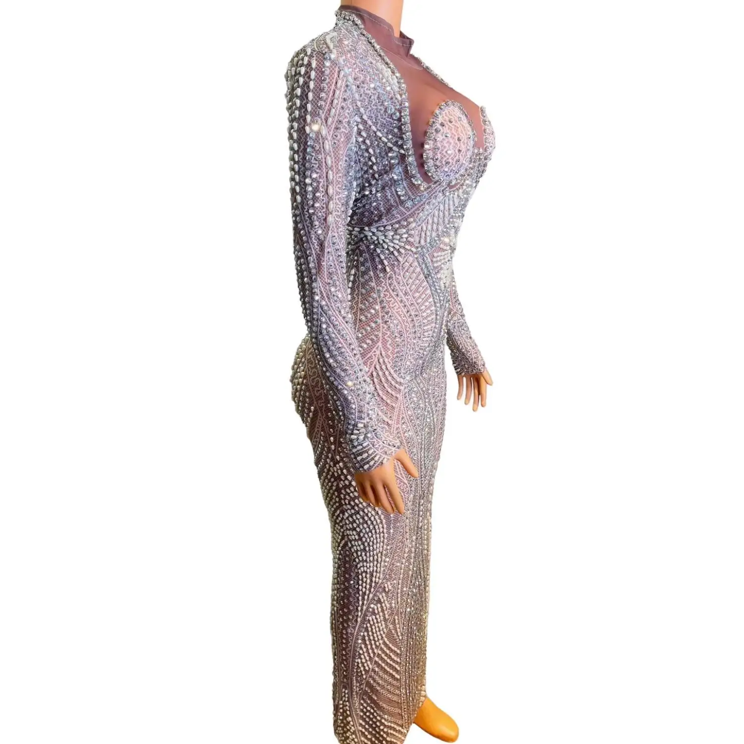 Baihe Luxury Hand Beaded Crystal Rhinestone Sheer Mesh High Neck Long Sleeve Midi Mermaid Dress Slim Fit Formal Evening Gown