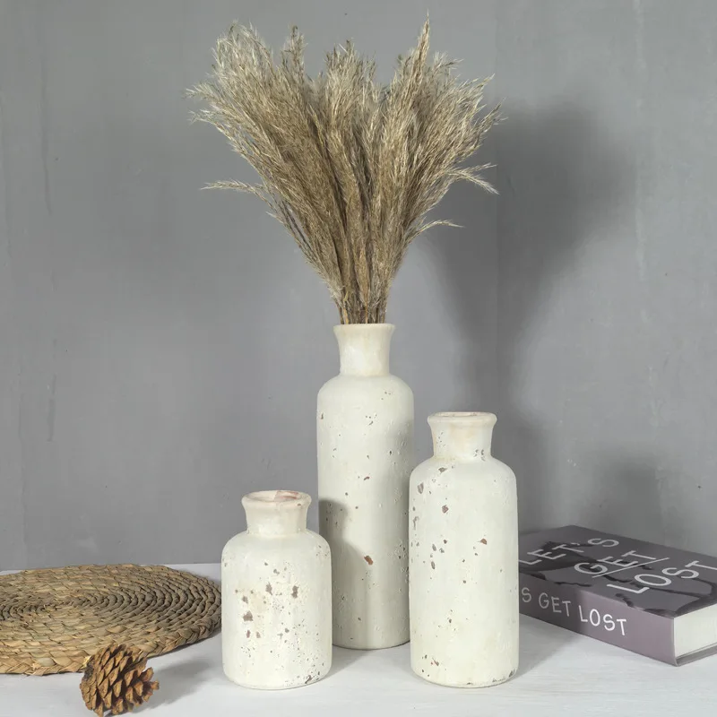 Antique Crackle Glaze Flower Vase Set of 3 Rustic Farmhouse Ceramic Floral Decorations for Living Room Tabletop Display