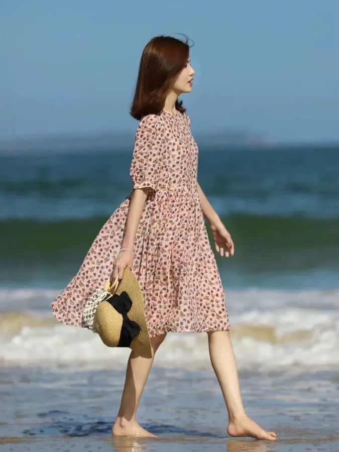 Été nouveau femmes Dr 2025 trajet Sle coréen taille ample a-ligne jupe ort Sve rond Ne imprimé fleuri Midi Dr