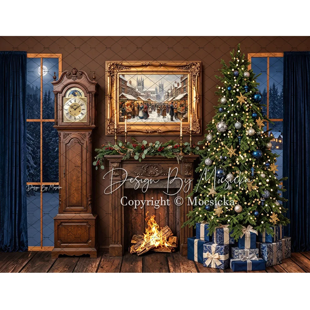 Mocsicka Christmas Fireplace Backdrop Photography Xmas Night Clock Gift Window Snowy Scene Background Family Kids Photo Studio