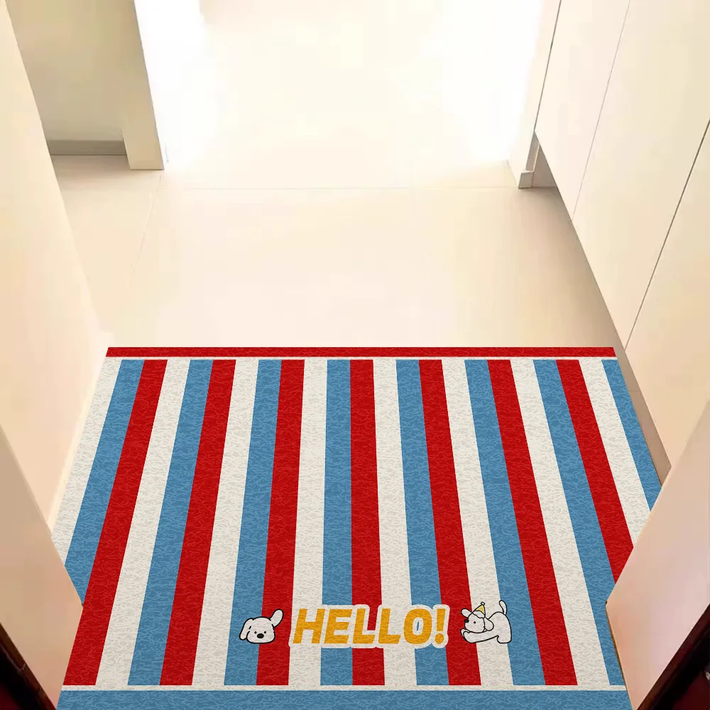 Bunt gestreifte Teppichmatte, Teppich, Welpen-Design mit HELLO, Willkommen zu Hause, Text, Heimdekoration, Bodenmatte, Heim-Bodenmatte, Willkommensmatte