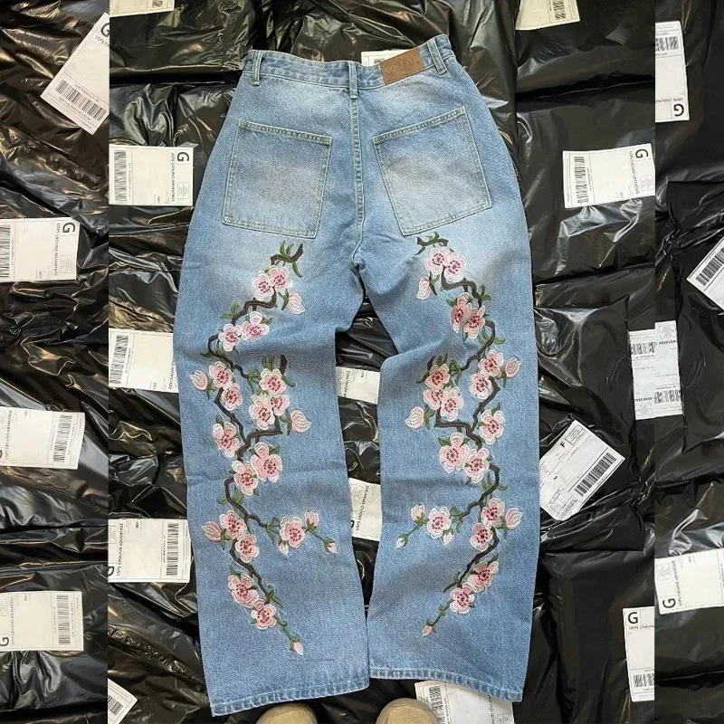 Y2K jeans Men Harajuku cherry blossom print pattern Denim Pants Hip Hop vintage men women goth Casual wide leg pants streetwear