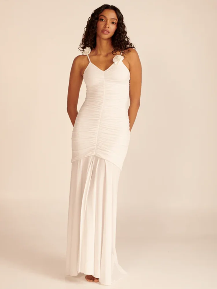 Women Spaghetti Strap V Neck Split Dress  Summer Beach Holiday Dress  Elegant Mermaid Long Dress With Beautiful Flowers