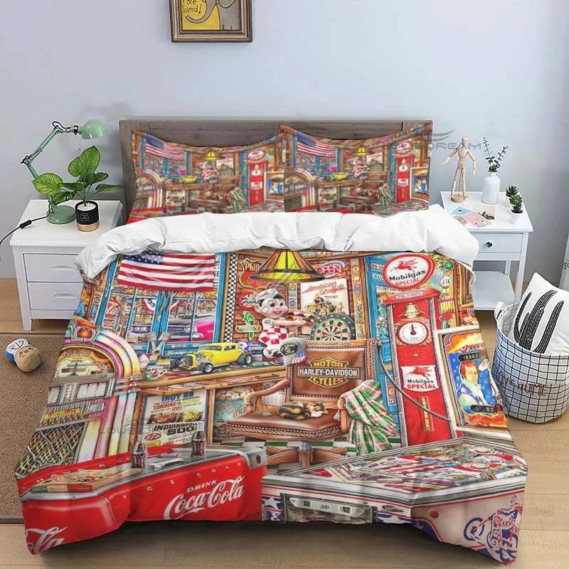 Car Hotel Cola Shop Patterns Comforter Bedding Set,Duvet Cover Bed Set Quilt Cover Pillowcase,King Queen Size Bedding Set