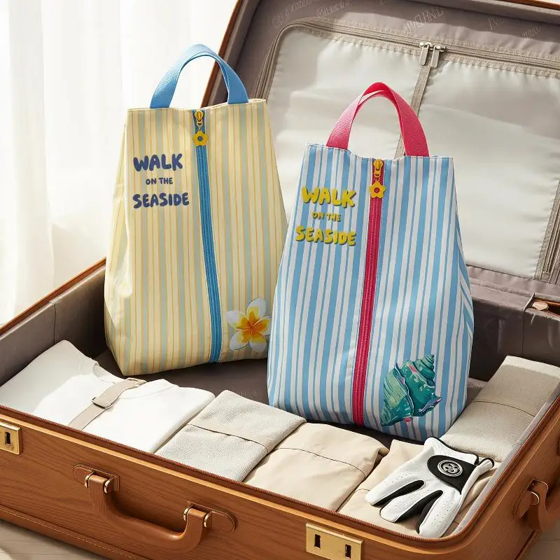 Breathable Water Resistant Shoe Storage Bag With Zipper: Cute Striped Print Travel Beach Trips