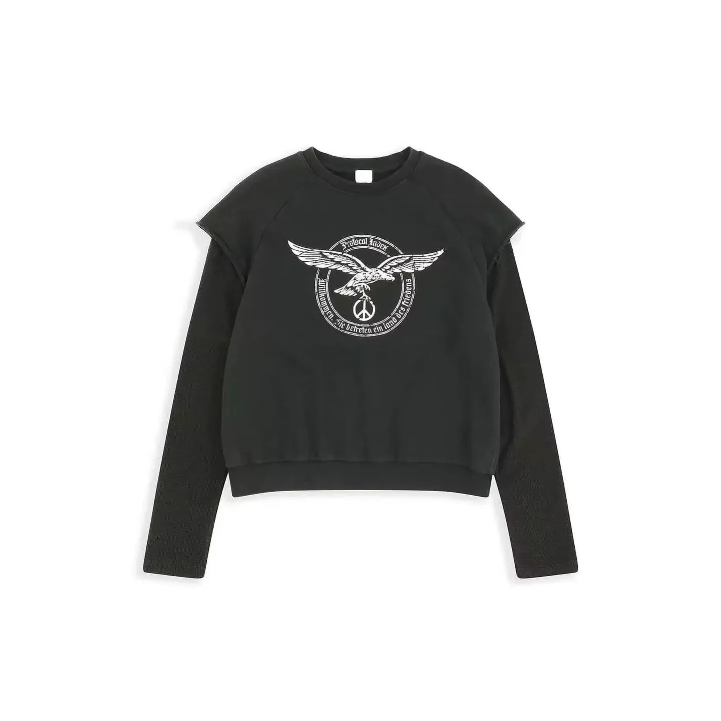 

Protocol index Round-neck Hooded Washed Denim Patchwork Wool Circles Adhesive Stylized Eagle Print Sweatshirt for Men and Women