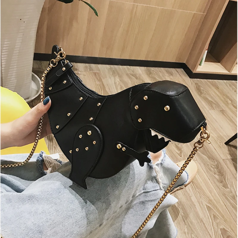 Trend Fashion 3D Dinosaur Design Rivets Pu Leather Girl's Chain Purse Shoulder Bag Tote Ladies Crossbody Mini Messenger Bag Flap