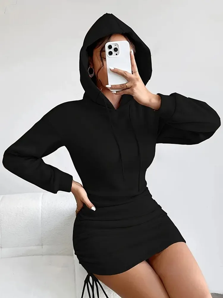 

SKMY 2026 Autumn And Winter New Hooded Long Sleeve Hip Hugging Drawstring Dress Korean Women Clothing Solid Color Black Dress