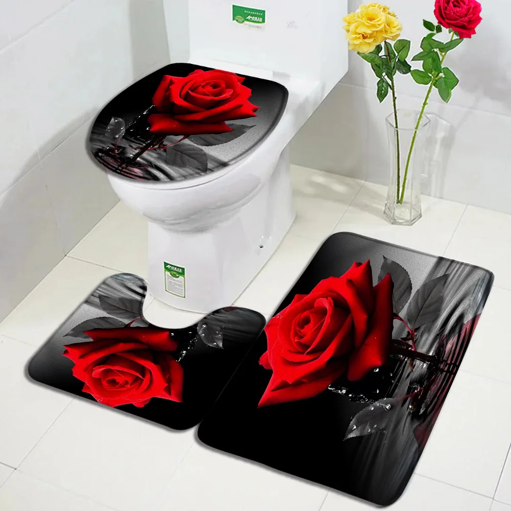 Red Rose Flowers Bath Mat Set Heart Shaped Floral Valentine\'s Day Woman Girl Home Carpet Bathroom Decor Floor Rugs Toilet Cover