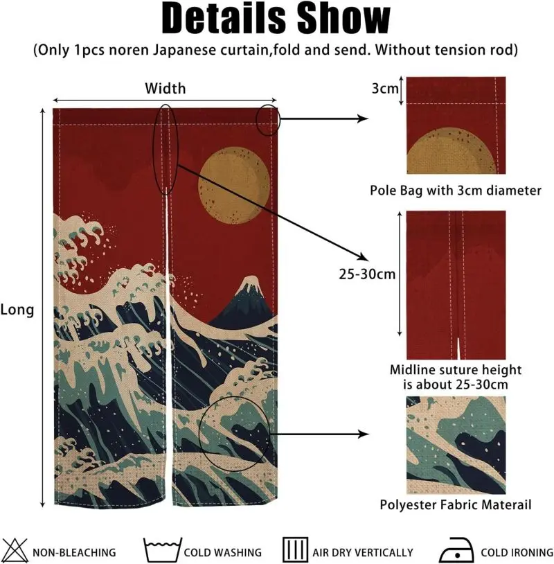 VIKAMA Japanese Ukiyo‑e Wave Noren Door Curtain Mount Fuji Moon Print Polyester Partition Curtain For Entryway Home Deco