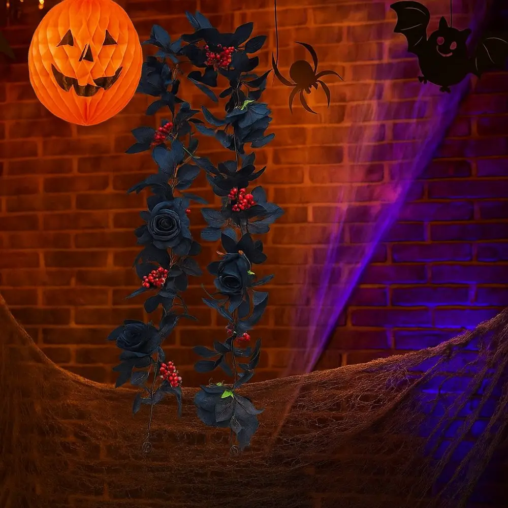 

Black Halloween Rose Leaf Vines 175cm Realistic Artificial Rose Vines Simulated Flowers Handmade Halloween Garland Home Decor