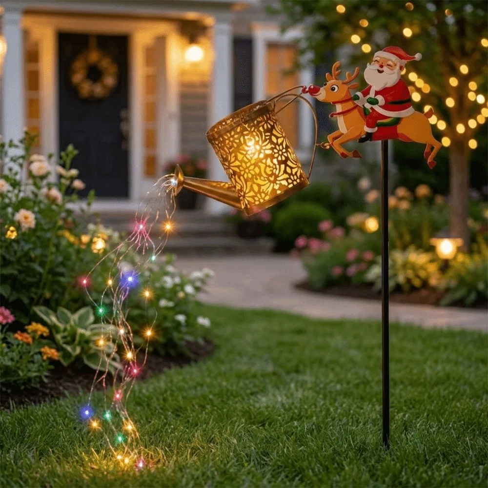 Solar Powered Christmas Santa Solar Kettle Light Weather Resistant LED Light Santa Claus Watering Can Light Decorative Design