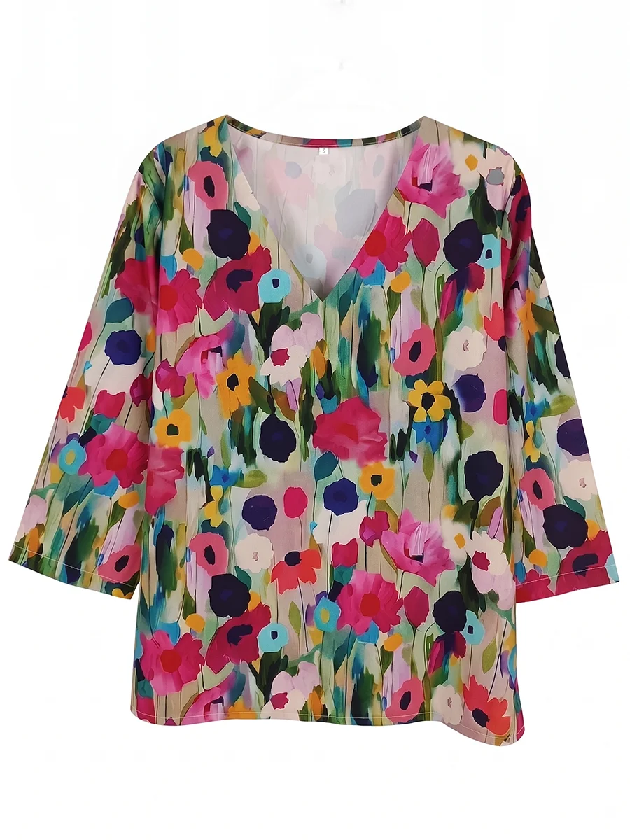 Damen-Bluse mit Blumenmuster, V-Ausschnitt, lässige, halbärmelige, lockere Hemden, Frühling, Sommer, Vintage-Boho-Tops – Detail 4