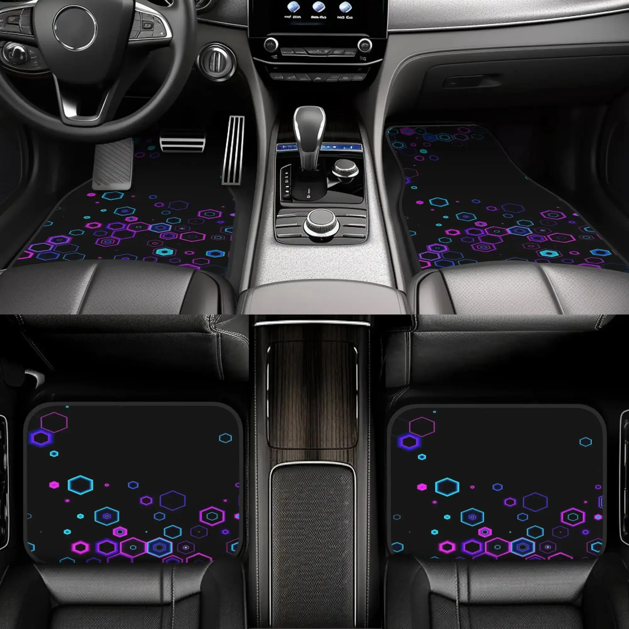 4 Neon Hexagonal Pattern Car Floor Mats, Easy To Clean, Front And Rear Floor Mats, Protective Floor Mats, Suitable Women And Men