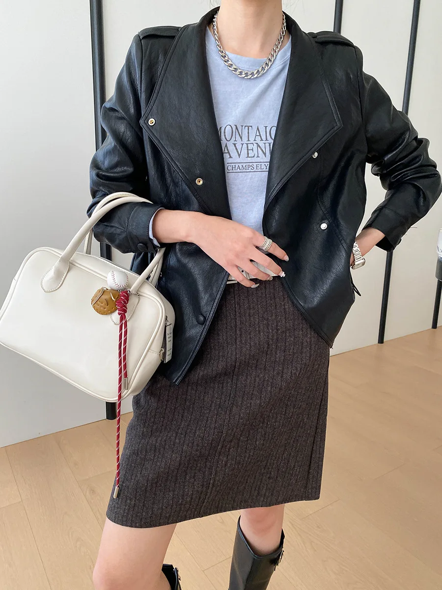 Autumn and winter women's casual solid color stand up collar adjustable waist rope PU leather workwear leather jacket