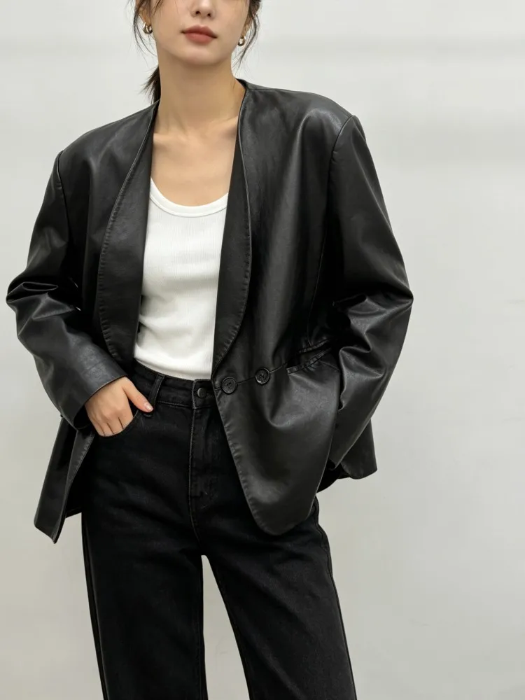 Fashion Women Loose Fit Soft Real Sheepskin Blazer Suit Coat V Neck Office Ladies Casual Work Genuine Leather Jacket Outwear Top