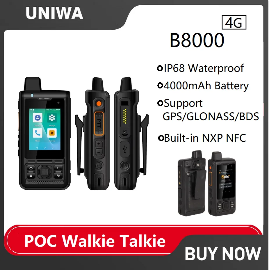 UNIWA B8000 wodoodporny POC Walkie Talkie Android 8, 2,4-calowy ekran dotykowy czterordzeniowy 1 GB + 8GM 4000 mAh telefon komórkowy głośnik NFC