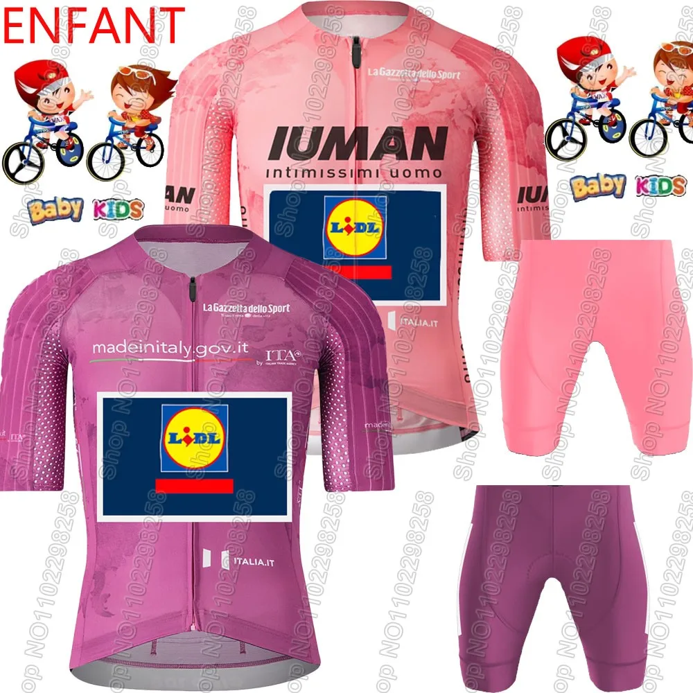 2025 Kids Lidl Team Tour De Itali Cycling Jersey Set Pink Purple Boys Girls Cycling Child Clothing Road Bike Shirts Suit Bicycle