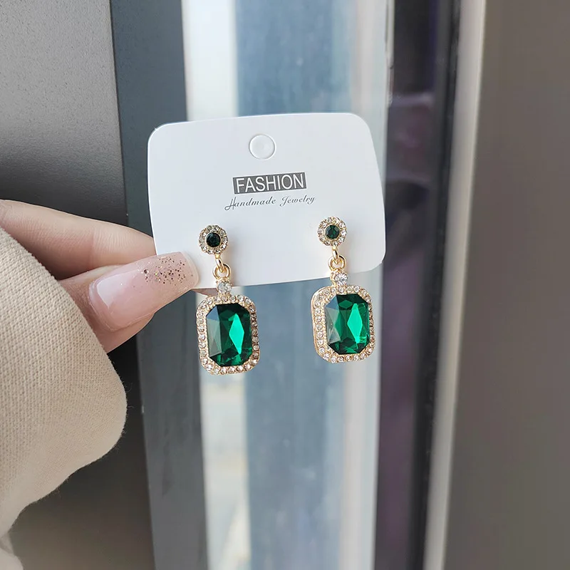 Vintage Style S925 Water Diamond Emerald High Grade Simple Zircon Square Net Red Earrings Green Jewelry Wholesale Chic Earrings