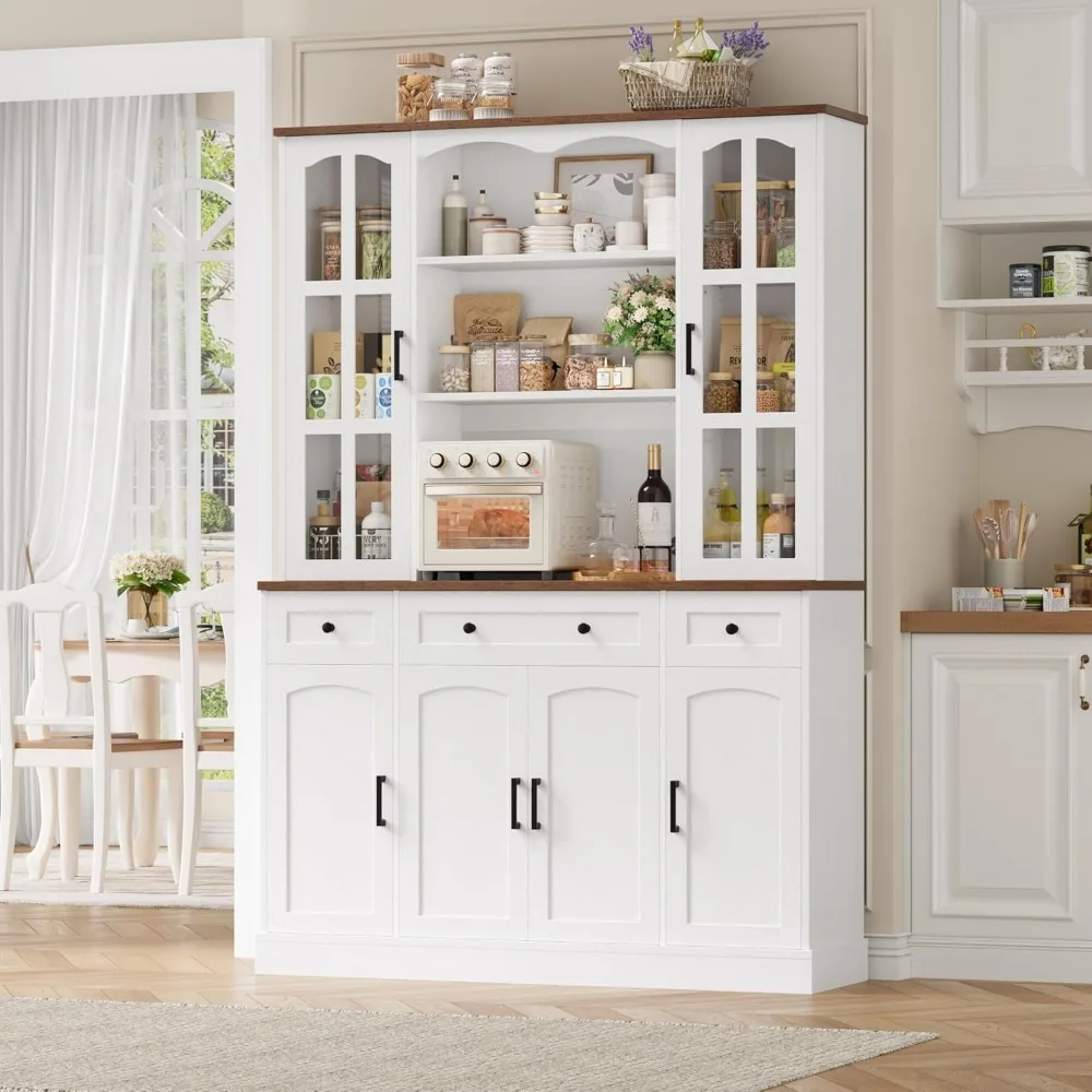 

74.8" H Tall Pantry Cabinet with Microwave Stand, Large Kitchen Hutch Storage Cabinet with Glass Door and Adjustable Shelves