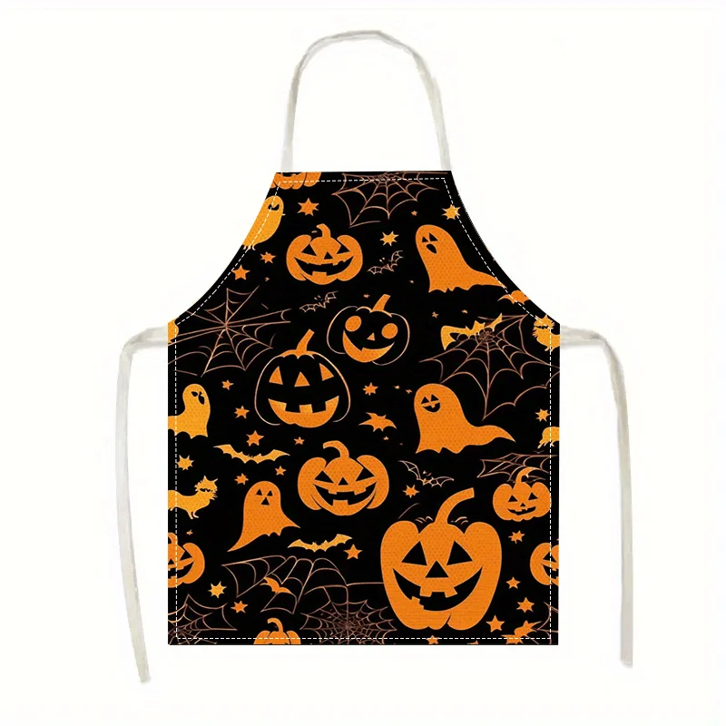 Halloween Kitchen Apron - 1pc, Linen, Woven, No-Sleeve Jack-O-Lantern & Ghost Print, Spooky Eye & Spider Web Design, Durable Sta
