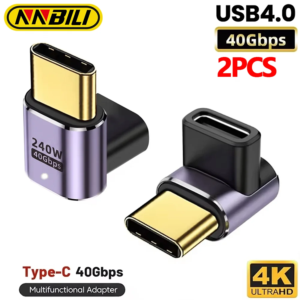 NNBILI 2 Stück USB4.0 40 Gbit/s Adapter, 90 Grad rechtwinklig, Typ C Stecker auf USBC Buchse, 240 W schnelles Laden für Laptops, MacBook