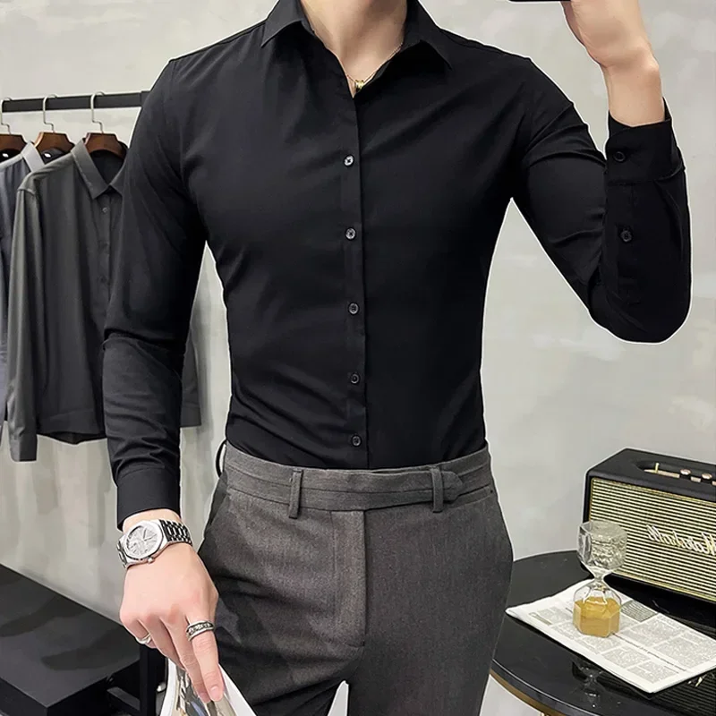 

Men Turn-Down Collar Tuxedo Shirt Long Sleeve Slim Fit Button Down Wedding Dress Shirts Black White Gray 5XL 6XL 7XL