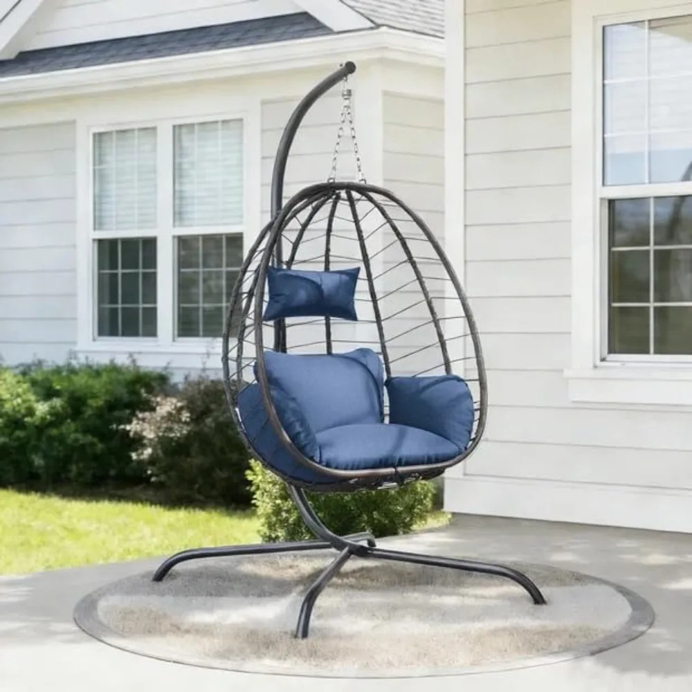 Foldable Egg Chair with Stand, 485LBS Capacity Wicker Rattan Hammock Swing Chair, Customized
