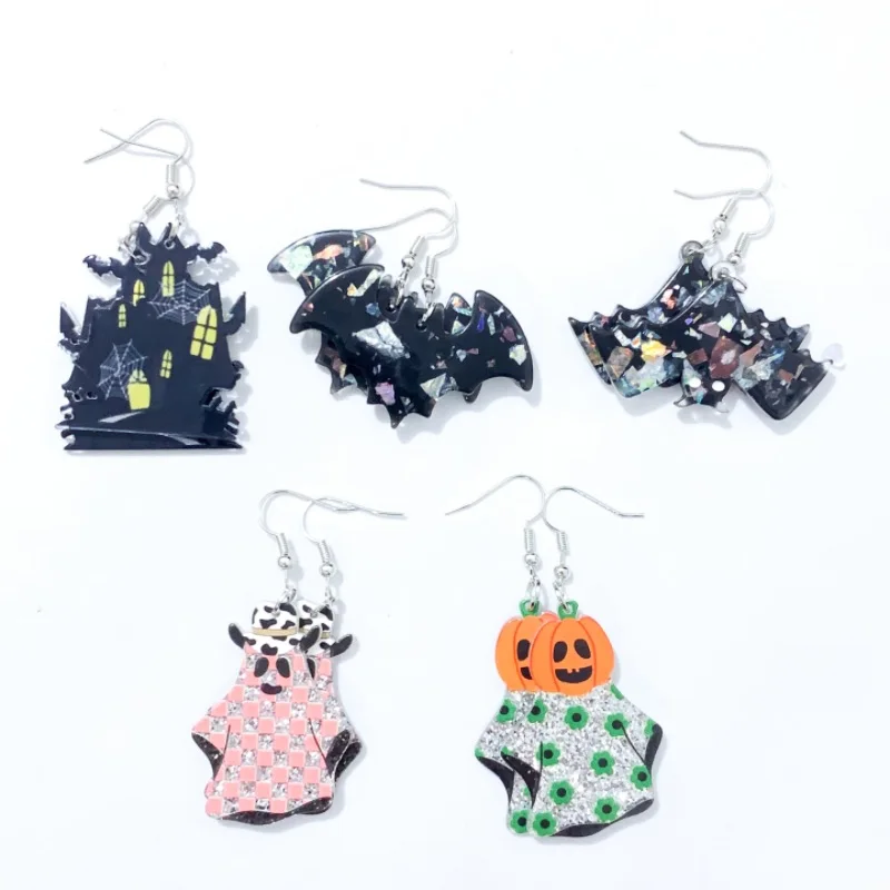 Mixed 5/10Pairs Glitter Halloween Bat Acrylic Earrings For Women Epoxy Cowboy Ghost Pumpkin Spirit Charm Dangle Earring Jewelry