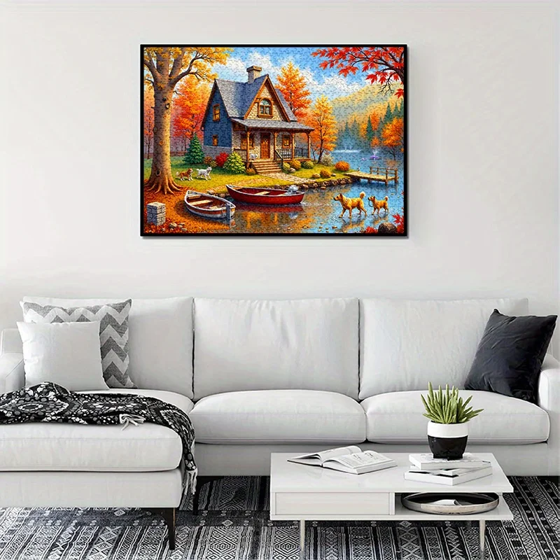 [가을 호수 직소 퍼즐] 500/1000피스 직소 퍼즐 - 개와 호수가 있는 가을 호숫가 오두막 장면, 긁힘 방지 프리미엄 판지, A