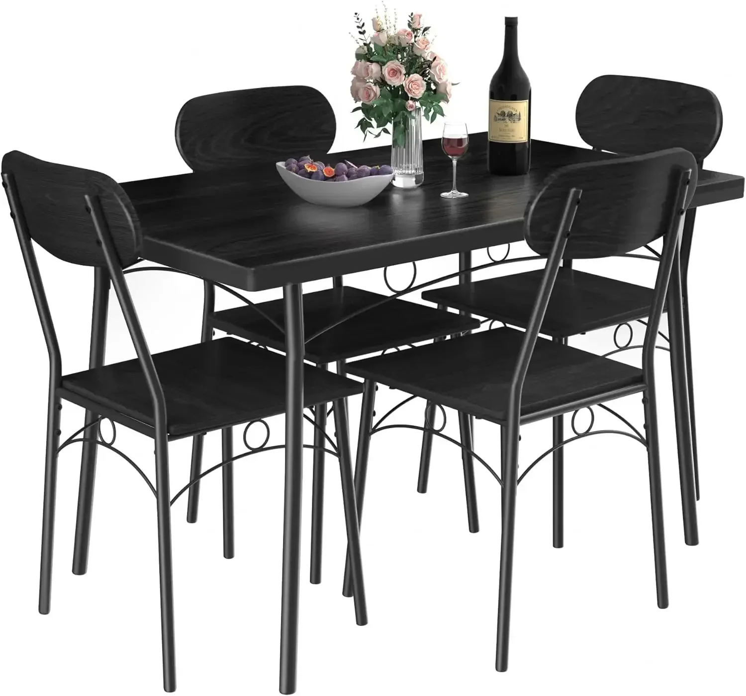 Dining Table Set for 4, 5 Piece Dinette with Chairs for Kitchen, Breakfast Nook and Small Space, Black