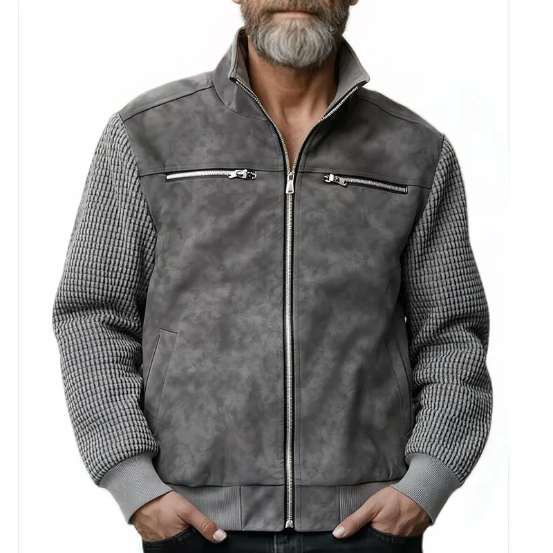 European Size Autumn Winter Suede Stand Collar Zipper Knit Sleeve Spliced Jacket Windproof Warm Casual Outerwear Fashion Coat