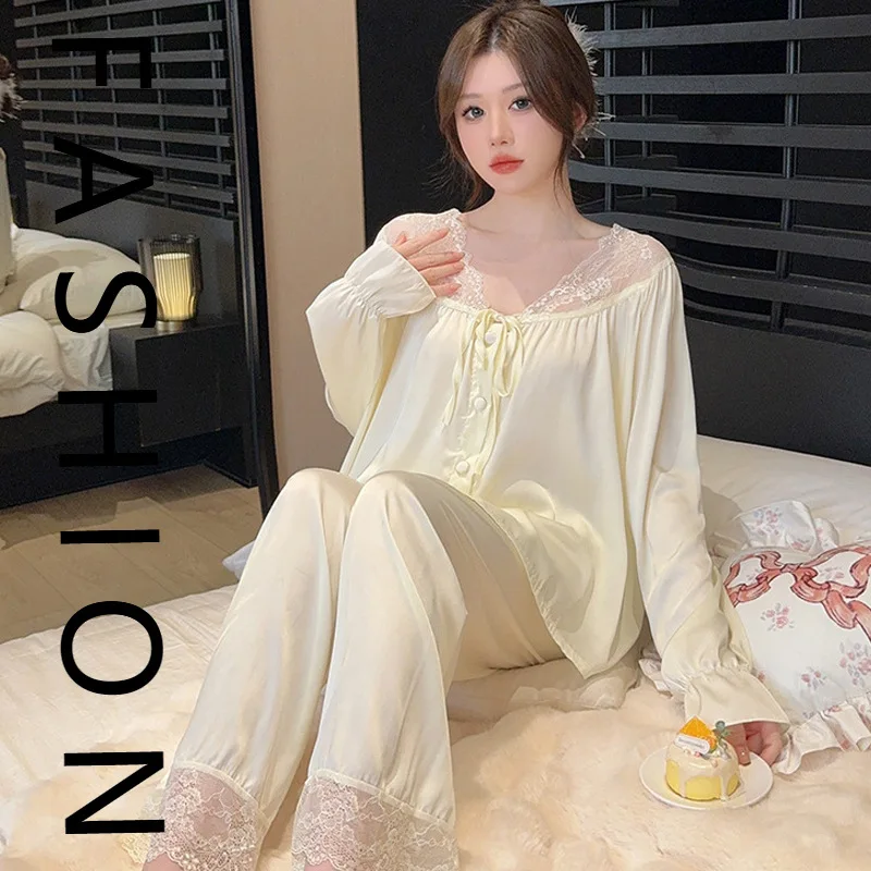 

Court style ice silk pajamas women's spring and autumn new long-sleeved trousers cardigan set summer sweet lace loungewear new