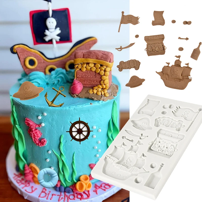 1pc Pirate Cookies Silicone Mold Pirate Ship Gold Coins Chocolate Fondant Cake Mould For Kid Birthday Halloween Party Cake Decor