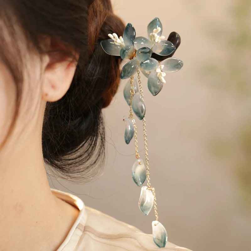 Lotus Flower Peach Wood Glass Rice Beads Long Fringe Hair Claws for Women Vintage New National Tide Temperament Head Accessories