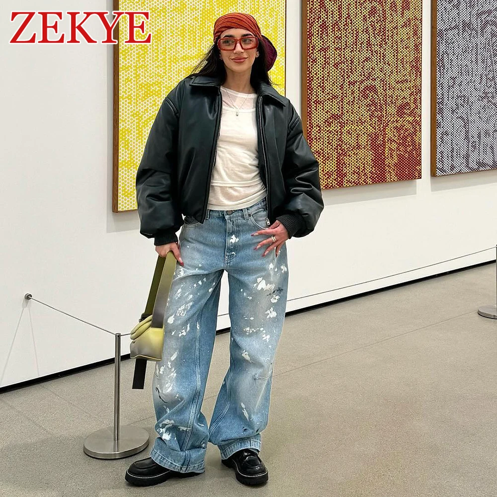 Zekye Graffiti High Waist Jeans Straight Leg Vintage Y2K Streetwear Whiting Baggy Cargo Pants Denim Patchwork Fashion Summer