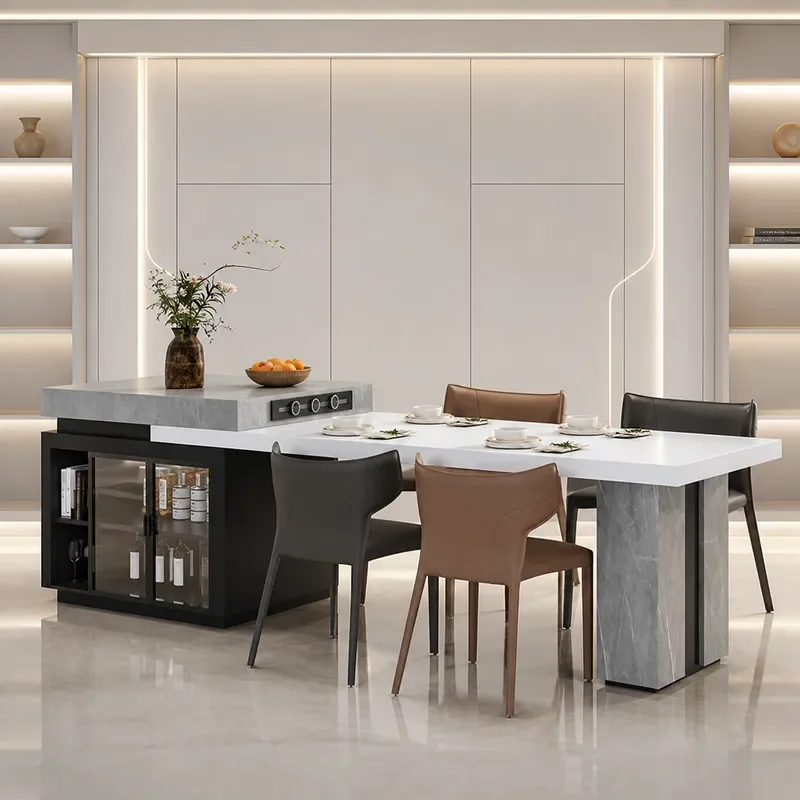 Rock Slab Island Dining Table with Integrated Mobile Sink Retractable Kitchen Counter Advanced Design Single Guide Household