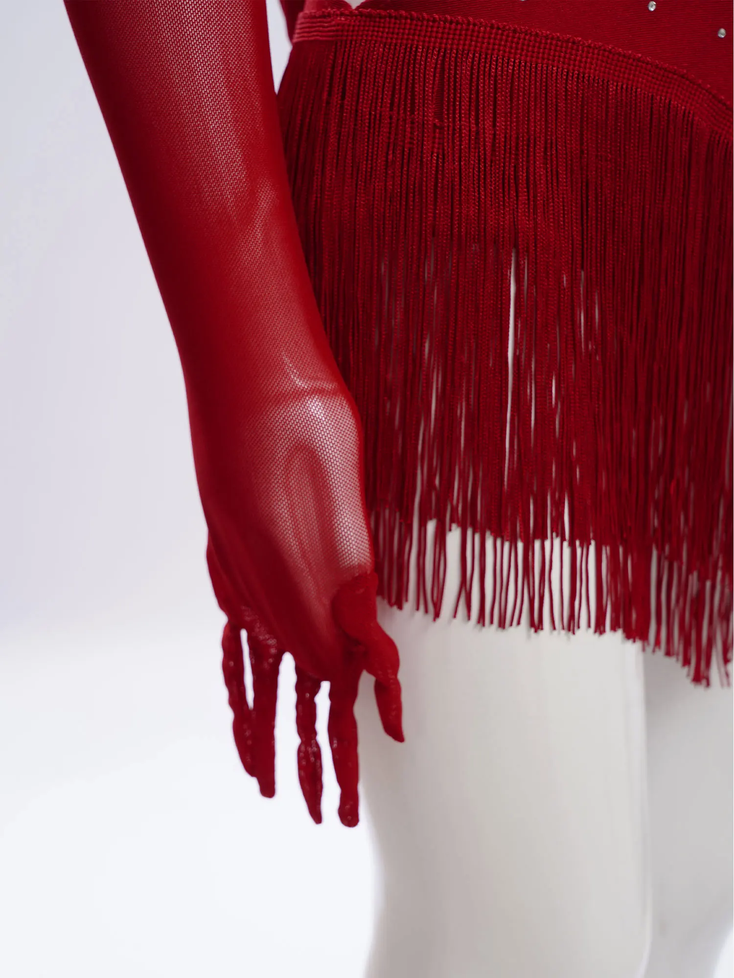 Children Performance Outfits Rumba Latin Dance Wear Girls Tassel Leotard Tango Cha-Cha Costume Skirted Bodysuits + Gloves