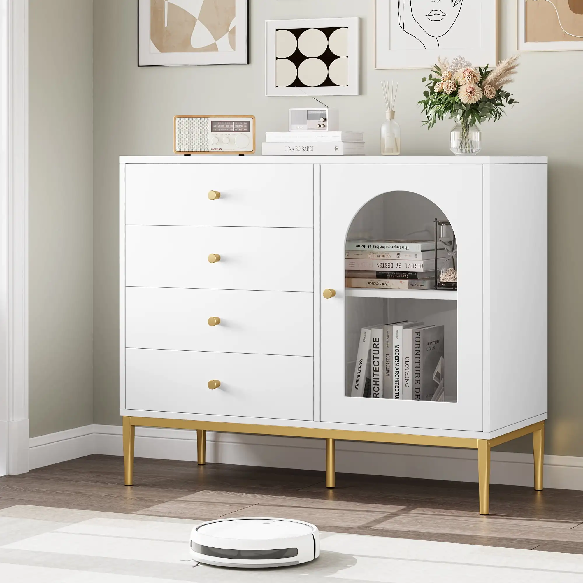 White Accent Cabinet with 4 Drawer, 37.6'' Wide Storage Cabinet with Glass Door for Living Room Cabinets