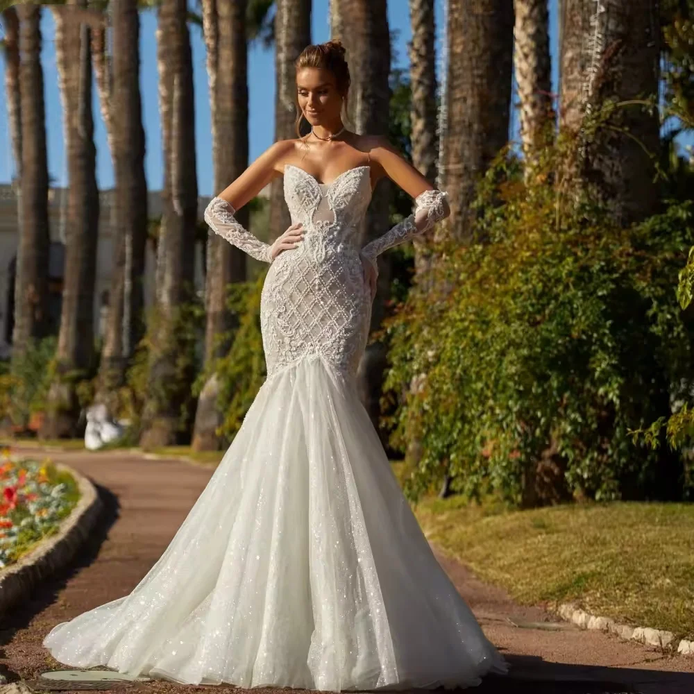 

Embroidery with beads and sequins Wedding Dress Glitter Mermaid Long Bride Robe Not Gloves V-neck Bridal Gown Robe De Mariée